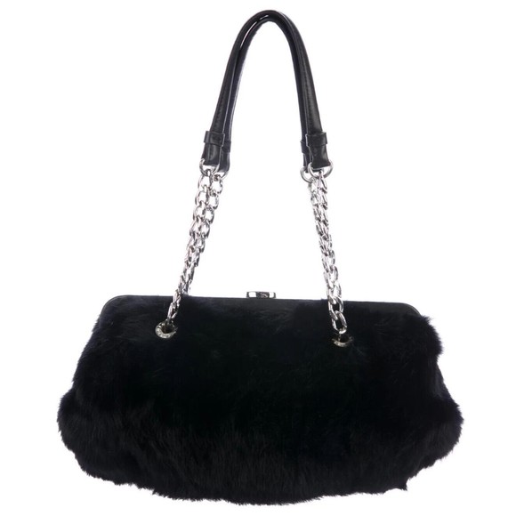Women's Fur Bag's Designer Michael Kors Black Rabbit Fur Silver Tone Chain Strap - Picture 2 of 14